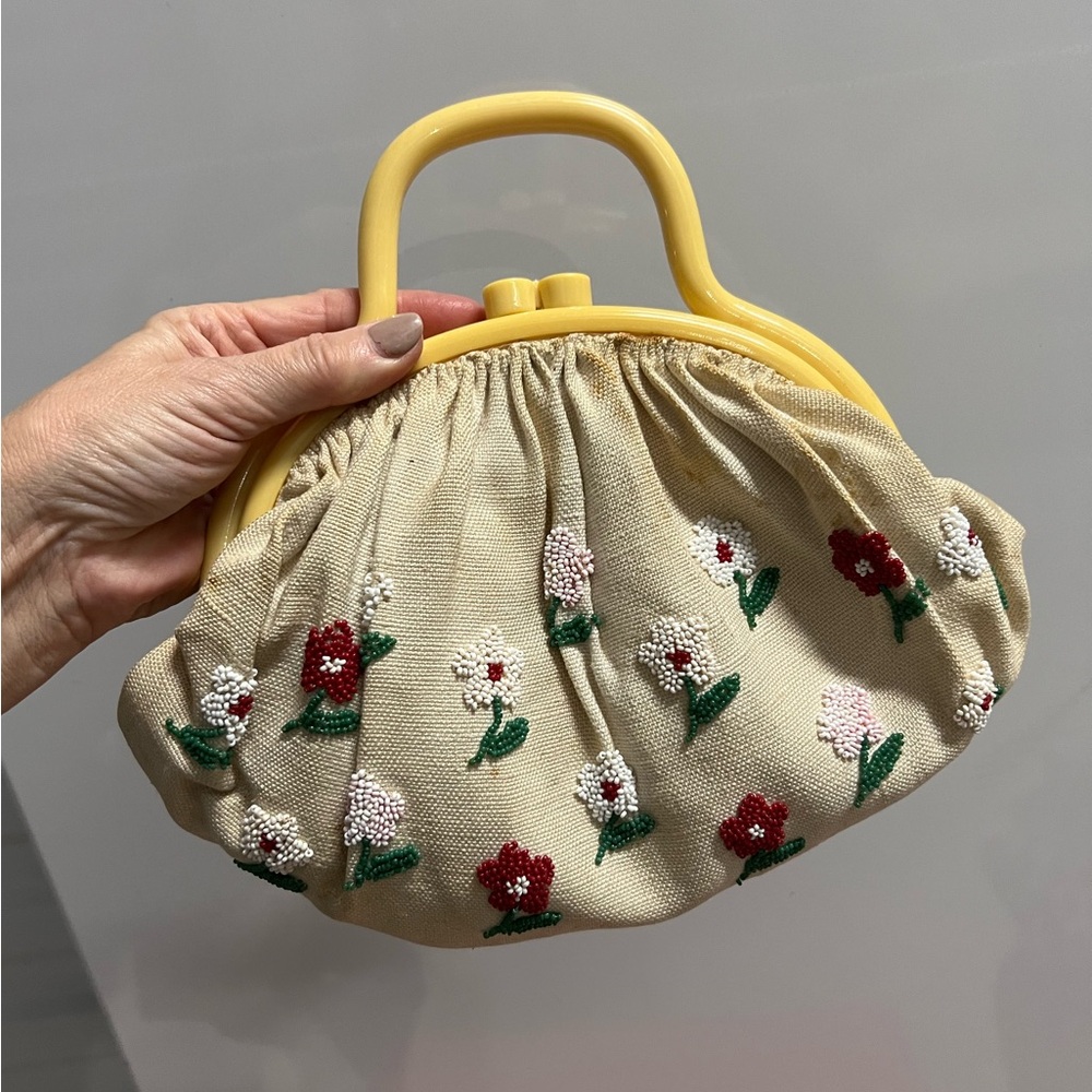 Vintage Beaded embroidered purse on lucite handles